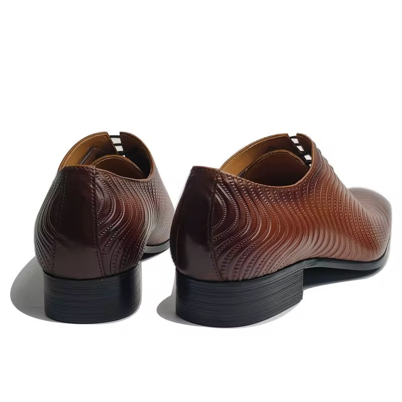 Men’s Genuine Leather Oxford Dress Shoes – Embossed Wave Pattern, Brown