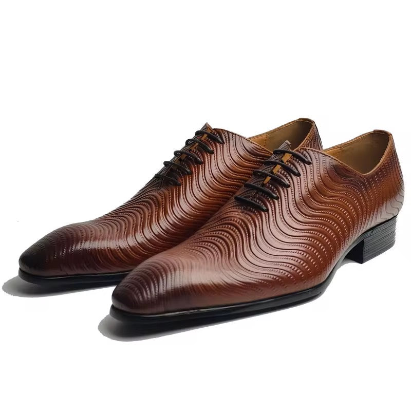 Men’s Genuine Leather Oxford Dress Shoes – Embossed Wave Pattern, Brown