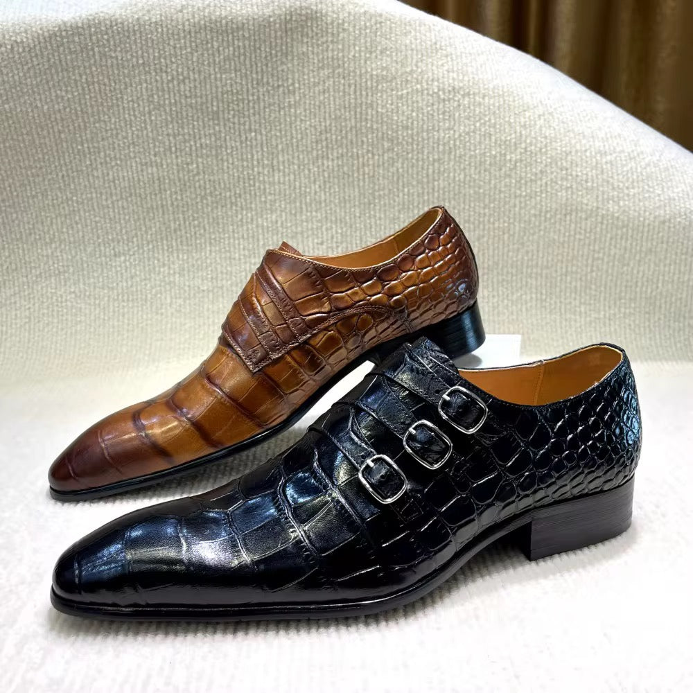 Savage Elegance: Croc-Embossed Buckle Dress Shoe