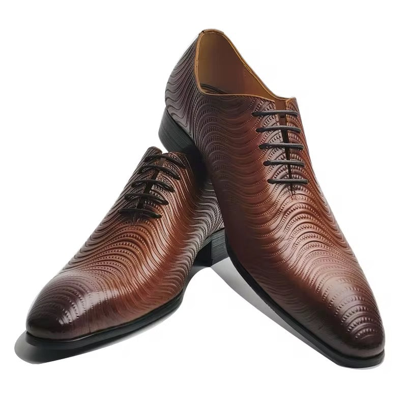 Men’s Genuine Leather Oxford Dress Shoes – Embossed Wave Pattern, Brown
