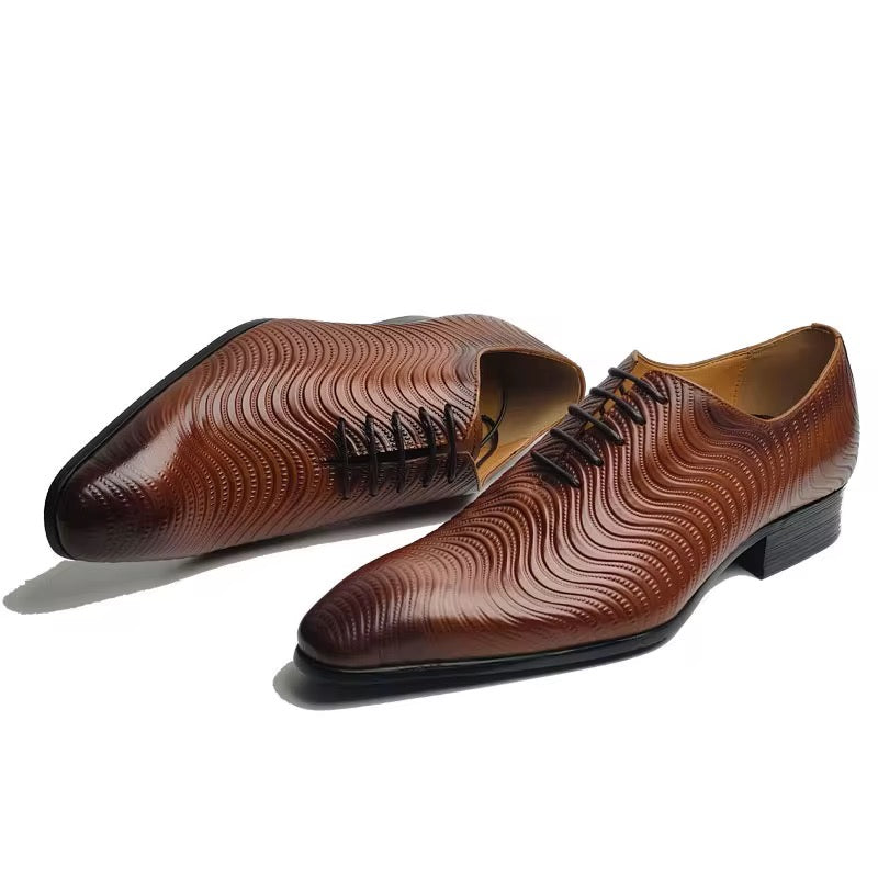 Men’s Genuine Leather Oxford Dress Shoes – Embossed Wave Pattern, Brown