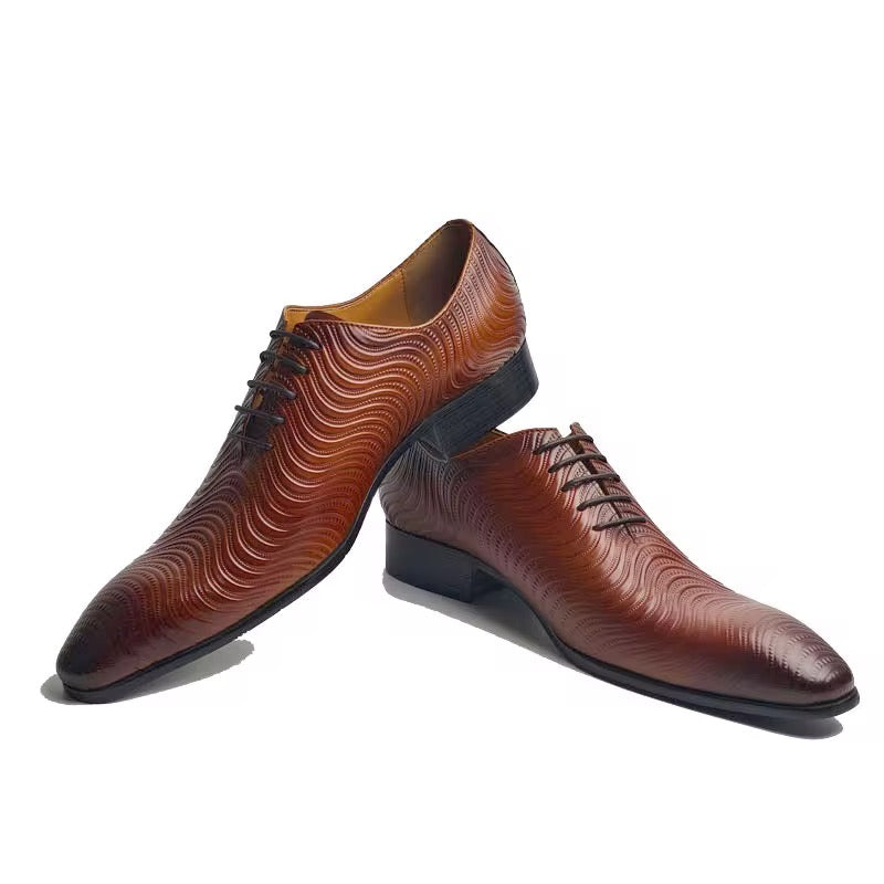 Men’s Genuine Leather Oxford Dress Shoes – Embossed Wave Pattern, Brown