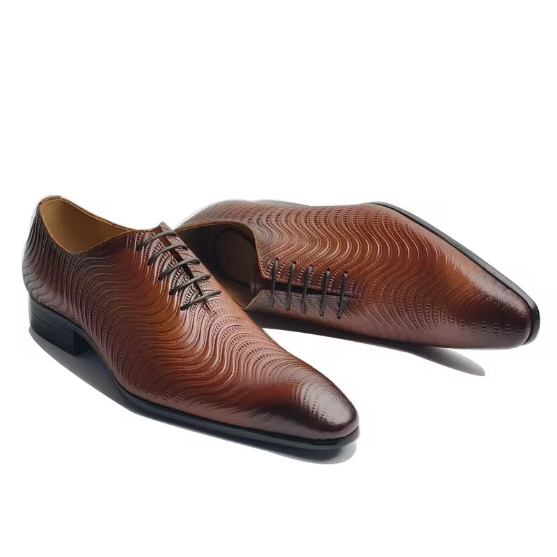 Men’s Genuine Leather Oxford Dress Shoes – Embossed Wave Pattern, Brown