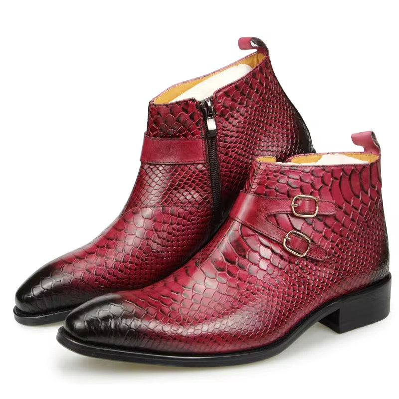 Luxury Burgundy black and brown Ankle genuine leather Boots with Monk Straps