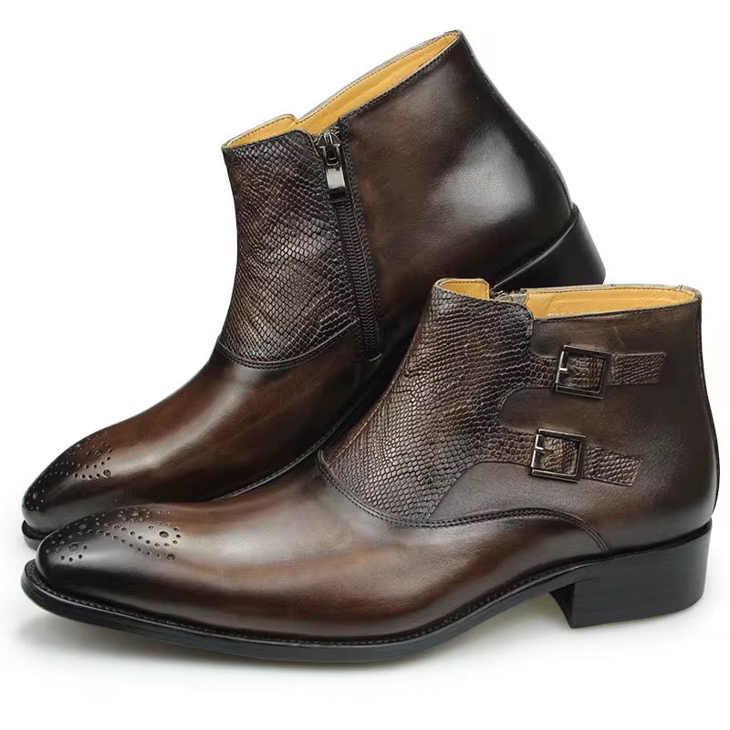 Luxury Burgundy black and brown Ankle genuine leather Boots with Monk Straps